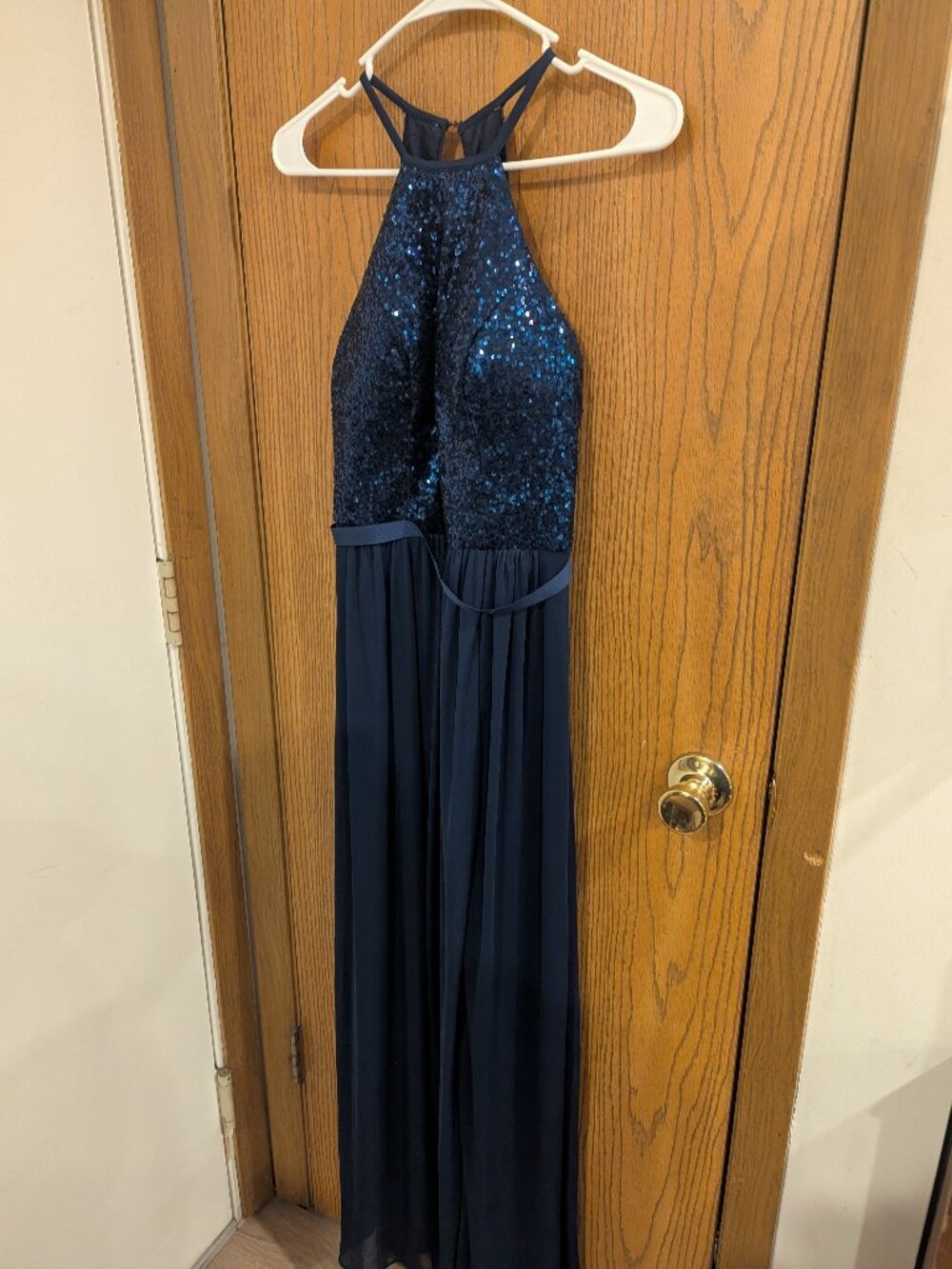 David's Bridal Sequin Halter Full Length Side Slit Belted Navy Gown-2